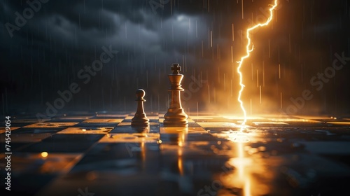 A thunder strike reveals strategic business moves on a chessboard in turbulent times. photo