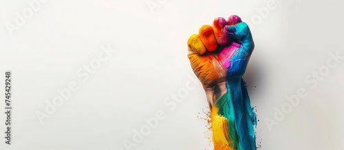 Fist of a man painted in the colors of the rainbow on a white background