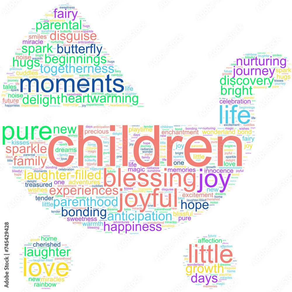 Word cloud with terms related to children and babies in the form of a baby carriage with colorful horizontal text and a transparent background Word cloud with terms related to children and babies in the form of a baby carriage with colorful horizontal text and a transparent background