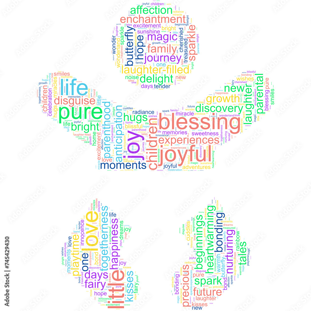 Word cloud with terms related to children and babies in the form of a baby with colorful horizontal and vertical text and a transparent background Word cloud with terms related to children and babies in the form of a baby with colorful horizontal and vertical text and a transparent background