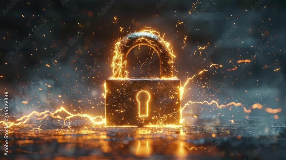 Cybersecurity breakthroughs symbolized by a minimalist thunderbolt striking a lock for businesses.
