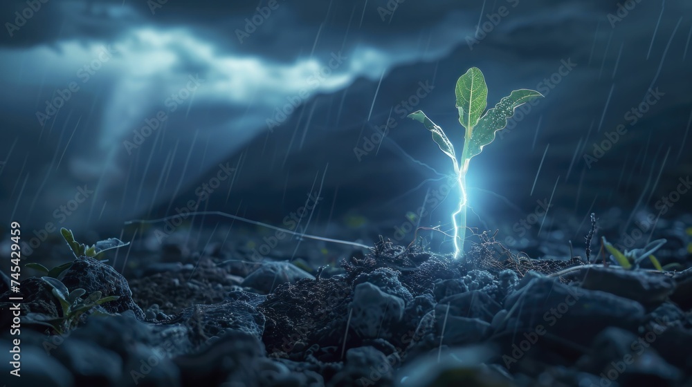 Minimalist thunderbolt ignites a seedling, embodying rapid startup growth and potential. - obrazy, fototapety, plakaty 