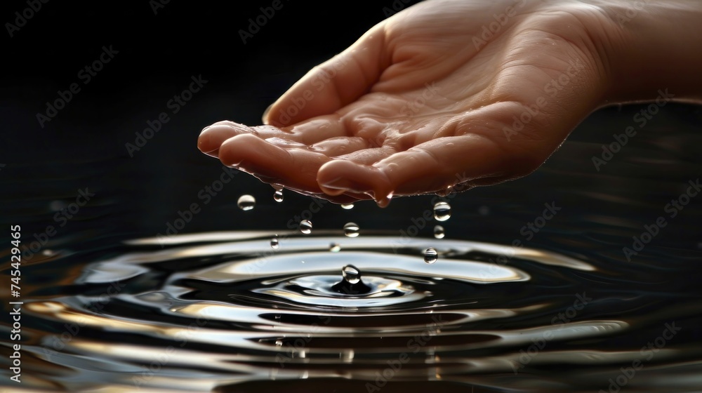 Ripples spreading from a hand touching water, symbolizing impact and support extended. - obrazy, fototapety, plakaty 