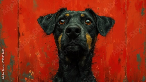  a close up of a dog's face in front of a red wall with a black dog's head in the foreground and a black dog's eyes. photo