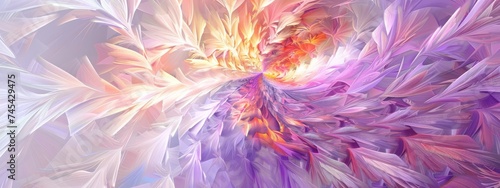 Multicolored with flashes of white light - angelic feathers spreading outward  a mesmerizing combination of radiant colors and delicate textures in a floral explosion of digital art.