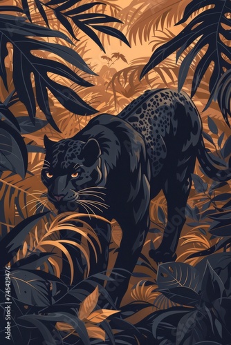 A sleek black panther is seen prowling through the dense foliage of the jungle  showcasing its strength and agility as it navigates its natural habitat