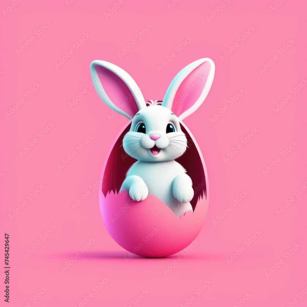 Fototapeta premium Happy Easter banner with cute Easter bunny hatching from pink Easter egg on pastel pink background. Illustration of Easter rabbit sitting in cracked eggshell. Happy Easter greeting card. Copy space.