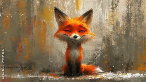  a painting of a red fox sitting in front of a painting of a yellow and grey background with a black stripe on the bottom half of the fox's head.