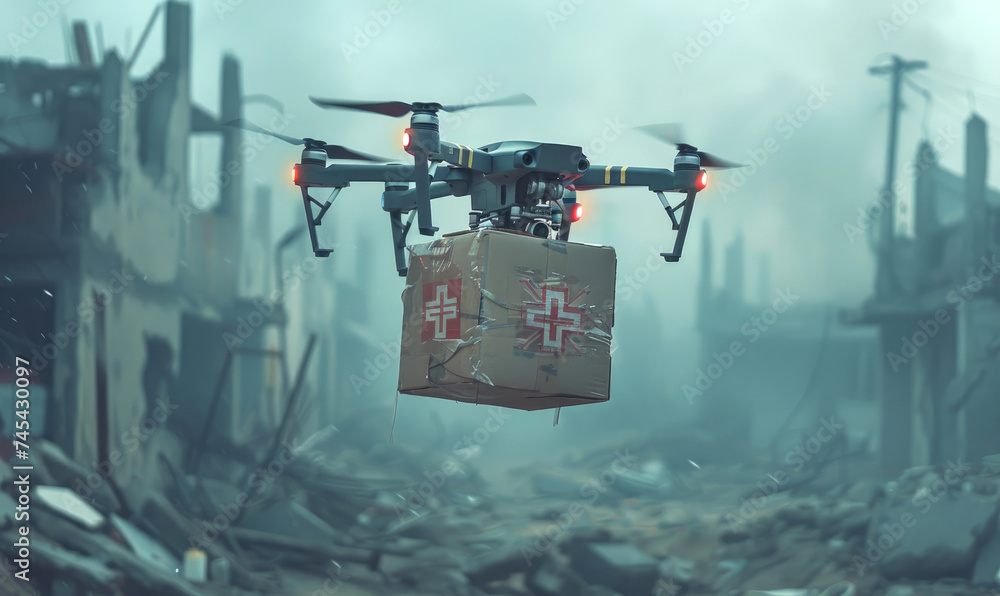 A drone flying carrying a medical box. Disaster area background A drone flying carrying a medical box. Disaster area background