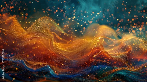 A vibrant dance of colors: a mesmerizing display of orange and blue hues creating abstract waves and splashes