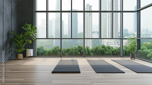 A yoga classroom interior with mats on the floor, large windows showcasing a city view, and green plants adding a touch of nature. Ai generate