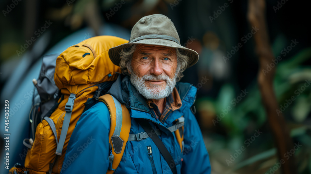 An elderly man with a backpack enjoying an outdoor walk. Ai generative