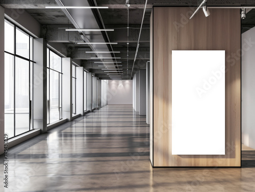An empty office interior featuring a large blank billboard on a wooden wall, with concrete floor and ceiling. Ai generative illustration