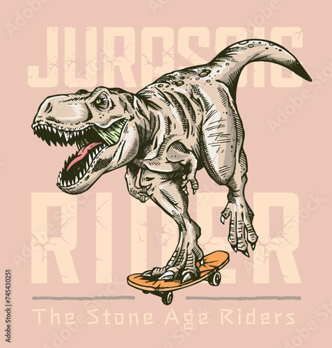 Vector illustration of Tyrannosaurus Rex riding a skateboard. Art with composition with lettering. Editable design for posters, prints on t-shirts, etc.