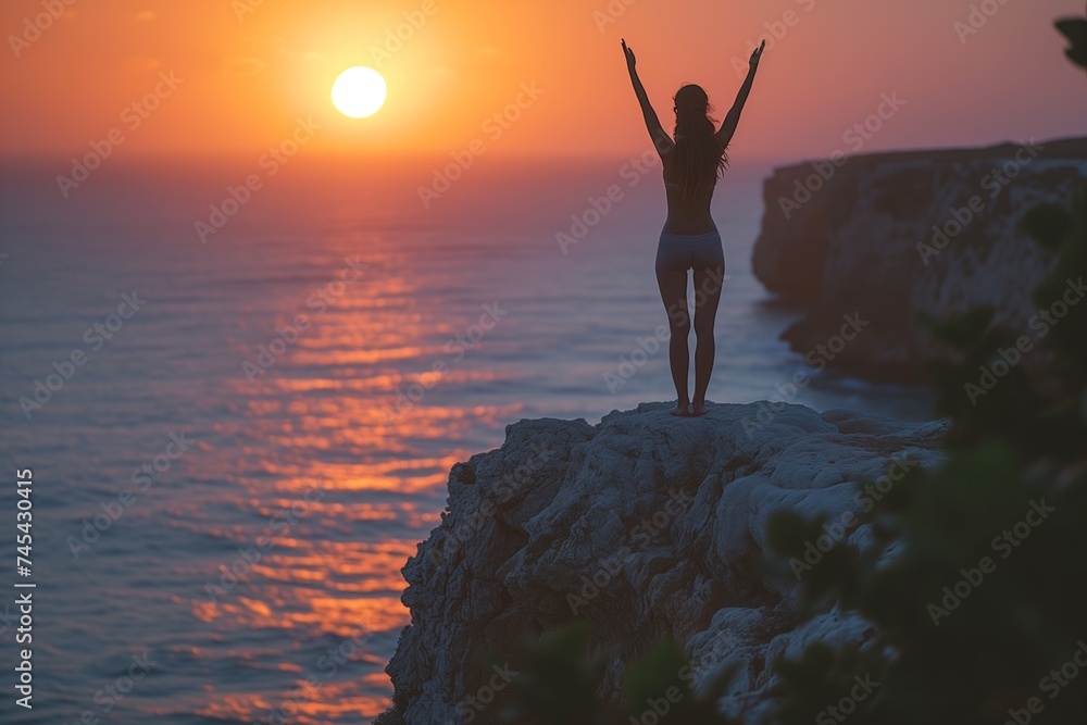 A silhouette of a woman with raised arms celebrating on a cliff against a stunning sunset over the sea