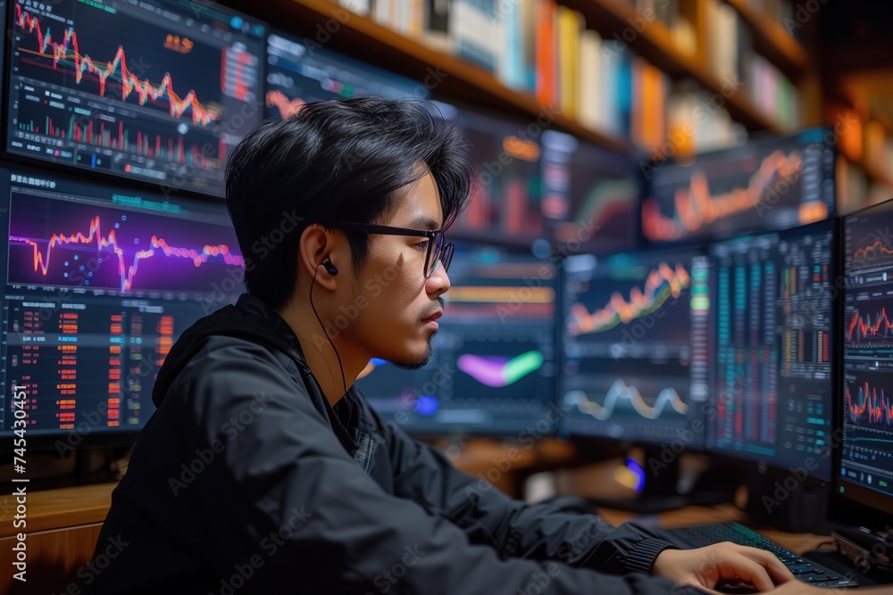 A focused male trader analyzing financial data on multiple computer screens in a dark room A focused male trader analyzing financial data on multiple computer screens in a dark room