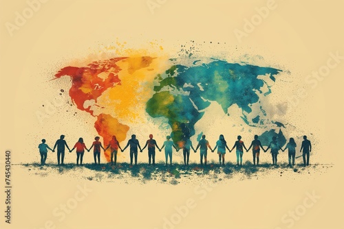 People holding hands under a watercolor world map, symbolizing global unity, peace, and diversity across continents