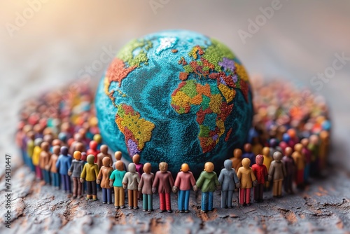 Diversity and unity concept with tiny people figurines surrounding a globe on a wooden surface