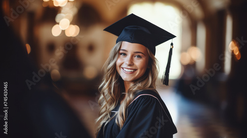 Happy European woman dressed in graduation gown and cap. Ai generative illustration