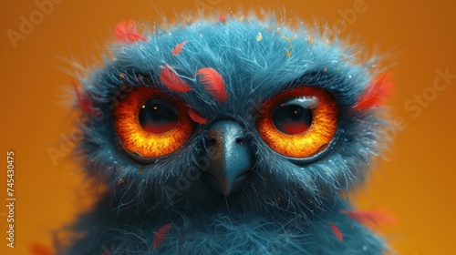  a close up of an owl's face with orange and blue feathers on it's head, with orange eyes and orange and red feathers on it's feathers.