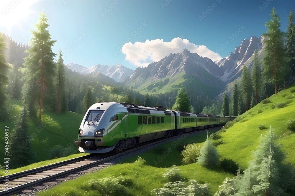 High-speed train rushing among green mountains with evergreen fir trees on a sunny day. Eco-friendly fast transportation amidst nature. Landscape illustration