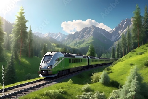High-speed train rushing among green mountains with evergreen fir trees on a sunny day. Eco-friendly fast transportation amidst nature. Landscape illustration