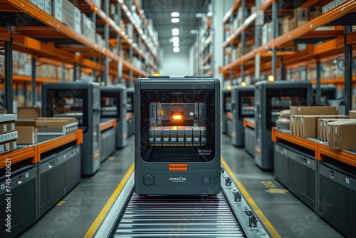 An autonomous robot named 'AutoCube' efficiently working within a modern warehouse setting