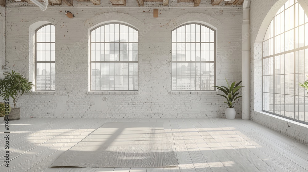 Fitness center's modern loft studio, white brick walls, a wooden floor, and large windows provide space for exercise. Unrolled yoga mat indicates a comfortable workout area with plenty of white space
