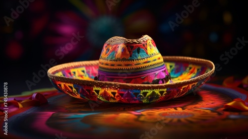 Large sombrero hat for Cinco de Mayo holiday party celebration on bright blurred background. Fifth of May celebration concept. Mexican background fiesta holiday time. Generative ai © Iuliia Metkalova