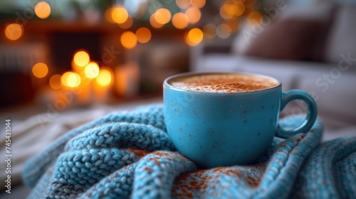  a cup of cappuccino sitting on a blanket in front of a fireplace in a living room with a lit christmas tree in the background in the background.
