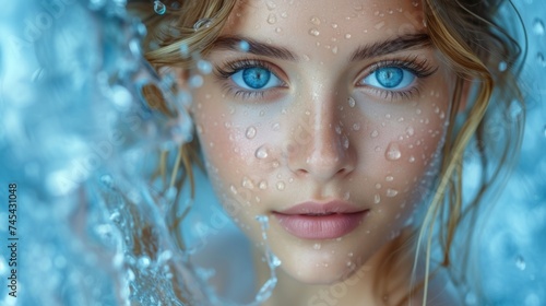  a close up of a woman's face with blue eyes and water droplets on her face and behind her is a foamy curtain of water that covers her face.