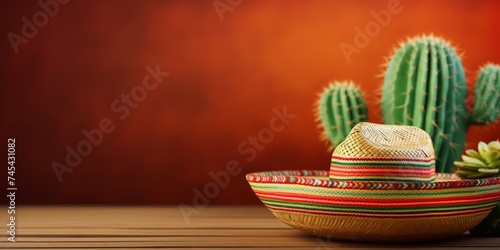 Cactus and sombrero hat for Cinco de Mayo holiday party celebration, bright green background. Fifth of May celebration concept. Mexican background fiesta holiday time. Generative ai