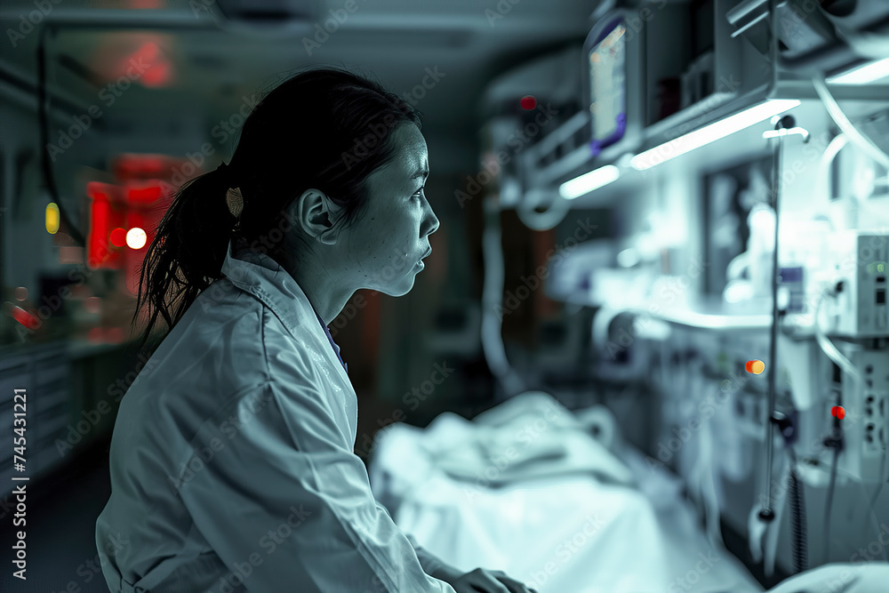 woman in a lab coat in a dimly lit room with medical equipment, observing a patient on a bed, ai generative