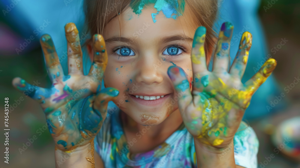 Happy funny girl showing dirty hands with colorful paint, Concept of art education and learning