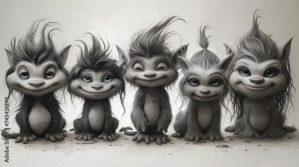  a drawing of a group of trolls with their hair in the shape of a face and two of them are facing the same direction in the same direction of the same direction.