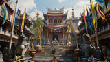 Templo Budista Construções Ornamentadas e Bandeiras Coloridas em Fotografia de Grande Angular com Lente de 24mm