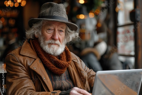Aged gentleman using a modern laptop device