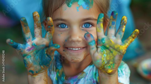 Happy funny girl showing dirty hands with colorful paint, Concept of art education and learning