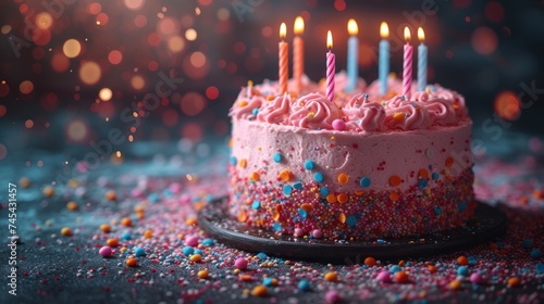  a birthday cake with pink frosting and multicolored sprinkles on a black plate with a blurry boke of lights in the background of the background.