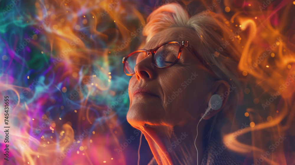 Healing sounds and sound therapy. Sound healing well-being senior mature woman in headset in sound healing therapy and meditation. - obrazy, fototapety, plakaty 