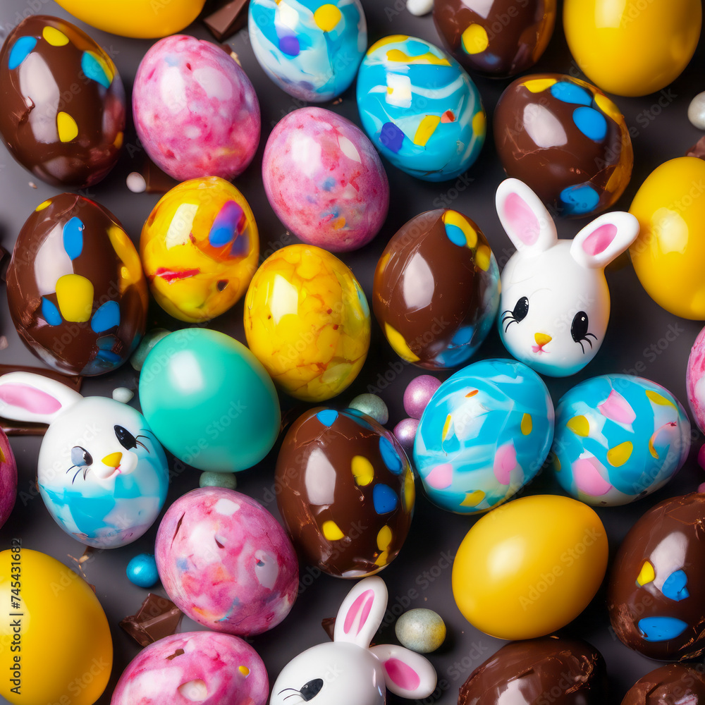colorful easter eggs and bunnies 