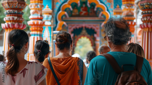 Uma diversidade cultural em diálogo respeitoso diante de um templo colorido e intricadamente decorado