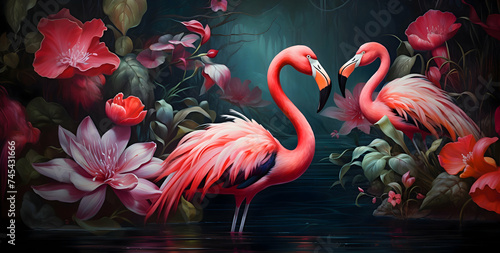 Fototapeta Naklejka Na Ścianę i Meble -  Abstract artistic wall art with flamingo standing on trees in Renaissance style . Retro, nostalgic, vintage canvas. Textured background. Oil on canvas. modern mural art