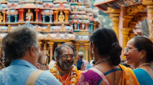 Uma diversidade cultural em diálogo respeitoso diante de um templo colorido e intricadamente decorado