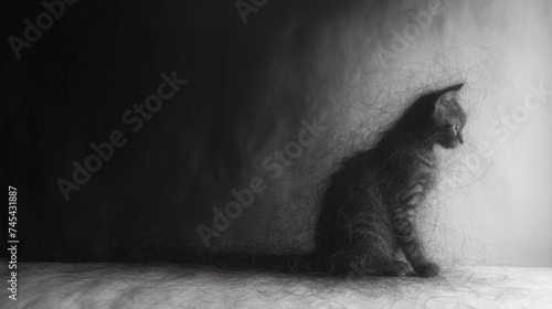  a black and white photo of a cat sitting in the corner of a room with the light coming through the window and the cat's hair blowing in the air.