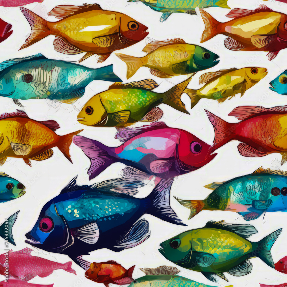 Naklejka premium Eye-catching, colorful fishes stand out on a white background.