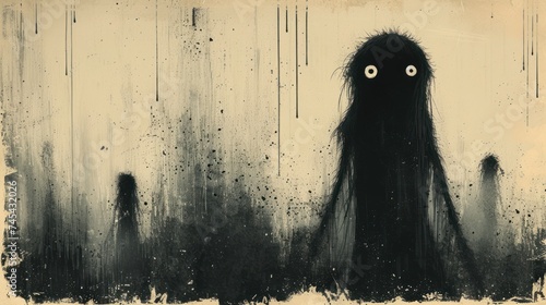  a black and white painting of a creepy looking creature with big eyes and a creepy expression on it's face, standing in front of a foggy, black and white background. photo
