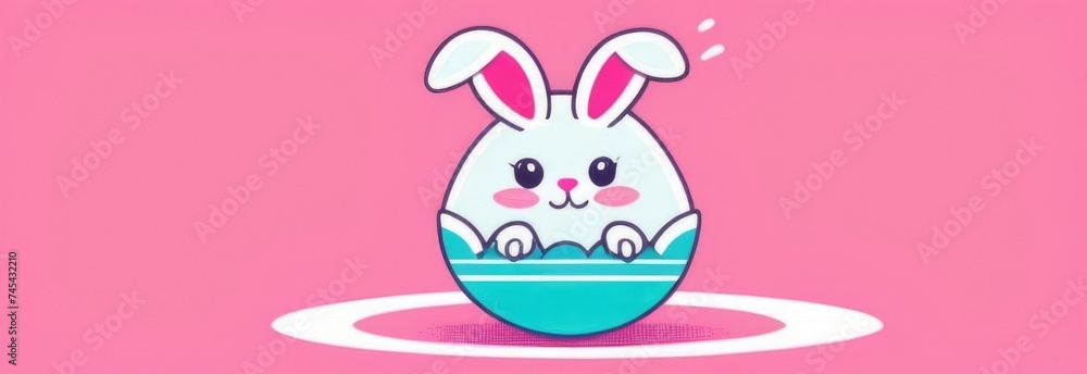 Happy Easter banner with cute Easter bunny hatching from pink Easter egg on pastel pink background. Illustration of Easter rabbit sitting in cracked eggshell. Happy Easter greeting card. Copy space. Happy Easter banner with cute Easter bunny hatching from pink Easter egg on pastel pink background. Illustration of Easter rabbit sitting in cracked eggshell. Happy Easter greeting card. Copy space.