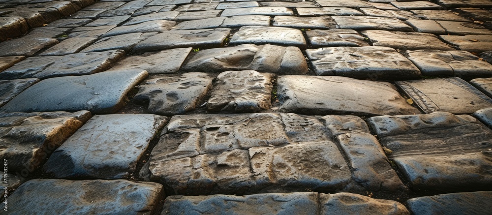 A historic cobblestone street stretches into the distance, showcasing ...