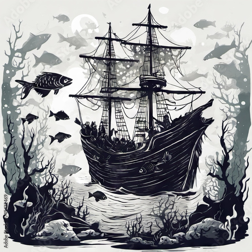 An abstract representation of a ship and a school of fish, utilizing mixed textures and collage elements for a tactile experience
